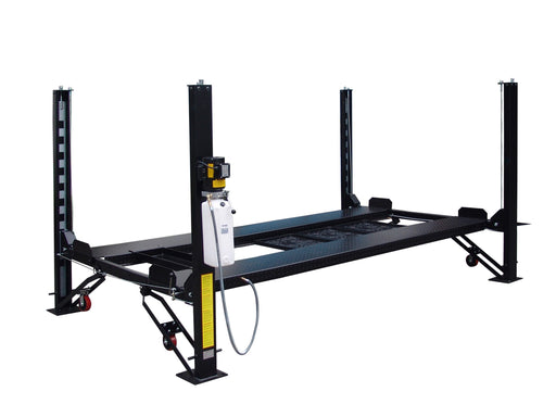 Tuxedo FP8K-DX-XLT four-post storage lift with power unit, poly casters, drip trays and jack tray