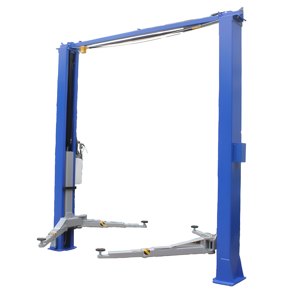 Tuxedo TP11KC-DX two-post clear-floor lift, three-quarter view with arms lowered
