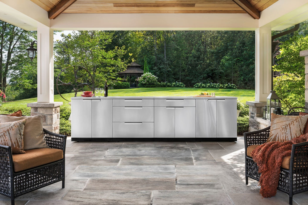 NewAge | Outdoor Kitchen Stainless Steel 4 Piece Cabinet Set with 3-Drawer, 2-Door, Corner Shelf and 2-Door Drawer Cabinet