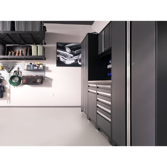 NewAge | Pro Series 9 Piece Cabinet Set With Wall, Base, Tool Drawer Cabinet, 56 in. Integrated Shelf and 112 in. Worktop