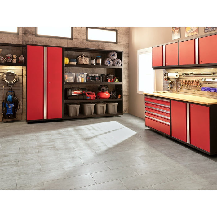 NewAge | Pro Series 9 Piece Cabinet Set With Wall, Base, Tool Drawer Cabinet, 56 in. Integrated Shelf and 112 in. Worktop