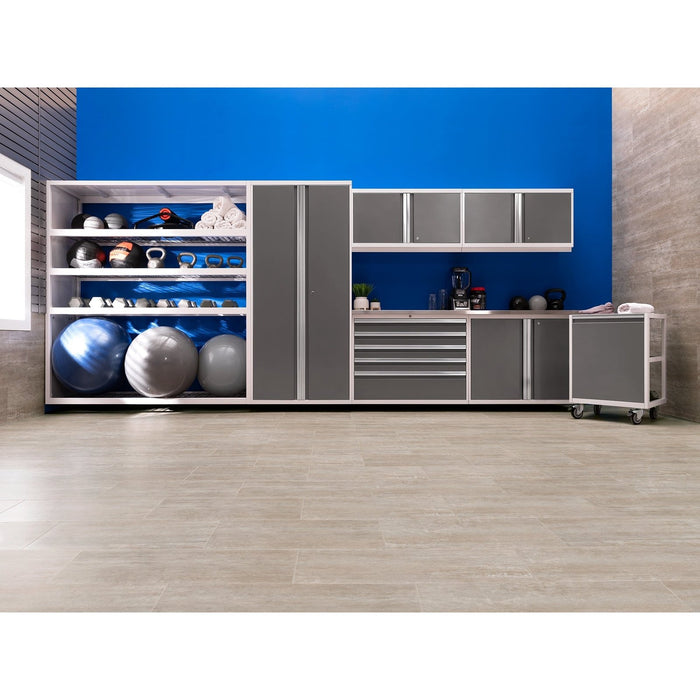 NewAge | Pro Series 9 Piece Cabinet Set With Wall, Base, Tool Drawer Cabinet, 56 in. Integrated Shelf and 112 in. Worktop