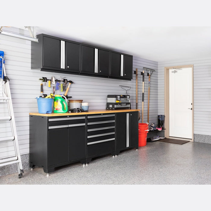 NewAge | Pro Series 9 Piece Cabinet Set With Wall, Base, Tool Drawer Cabinet, 56 in. Integrated Shelf and 112 in. Worktop