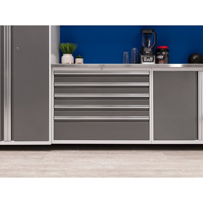 NewAge | Pro Series 9 Piece Cabinet Set With Wall, Base, Tool Drawer Cabinet, 56 in. Integrated Shelf and 112 in. Worktop