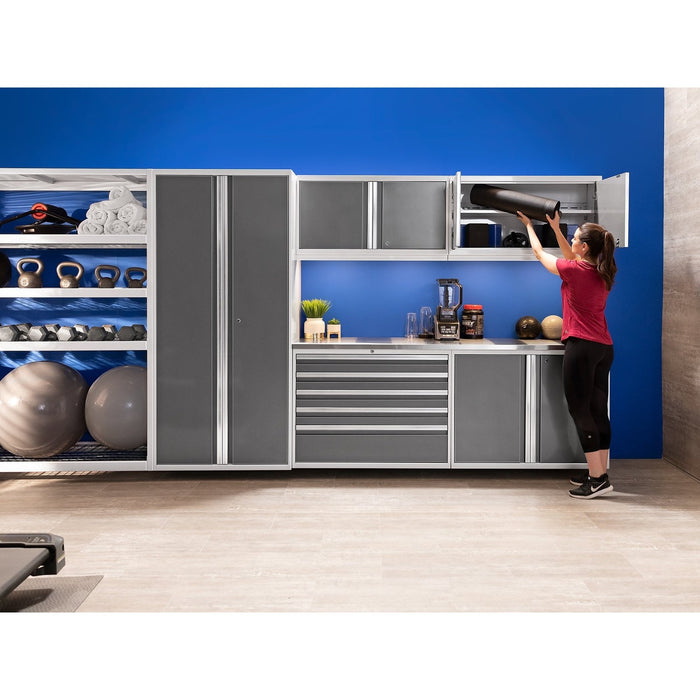 NewAge | Pro Series 9 Piece Cabinet Set With Wall, Base, Tool Drawer Cabinet, 56 in. Integrated Shelf and 112 in. Worktop