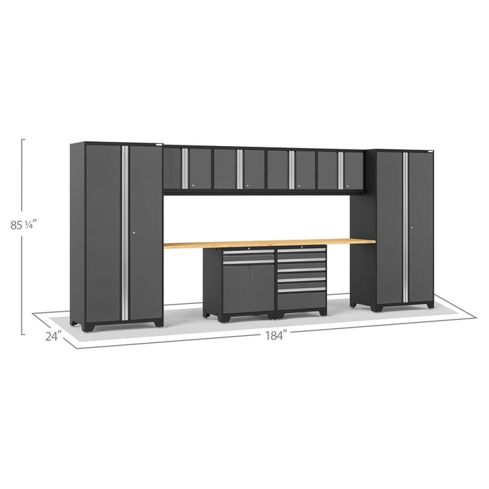 NewAge Pro Series Gray 10 Piece Cabinet Set With Wall, Tool Drawer, Multi-Function Cabinet, Lockers and 112 in. Worktop