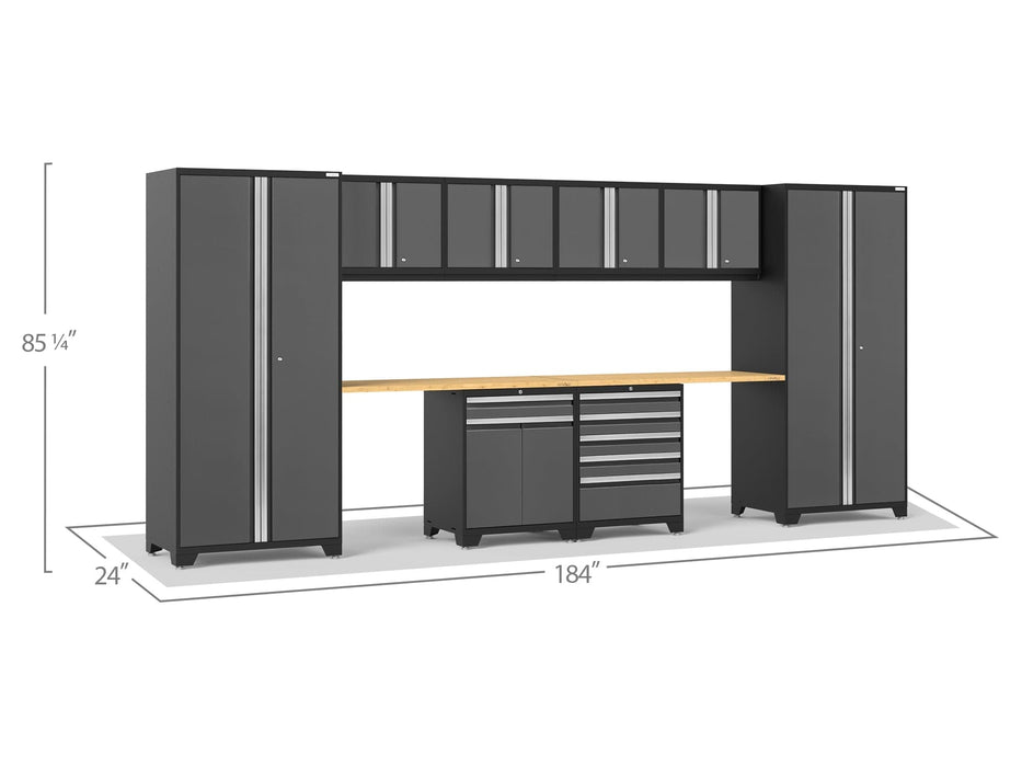 NewAge Pro Series Gray 10 Piece Cabinet Set With Wall, Tool Drawer, Multi-Function Cabinet, Lockers and 112 in. Worktop