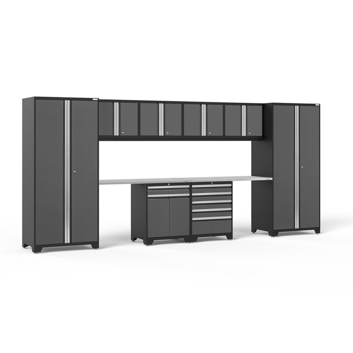 NewAge Pro Series Gray 10 Piece Cabinet Set With Wall, Tool Drawer, Multi-Function Cabinet, Lockers and 112 in. Worktop