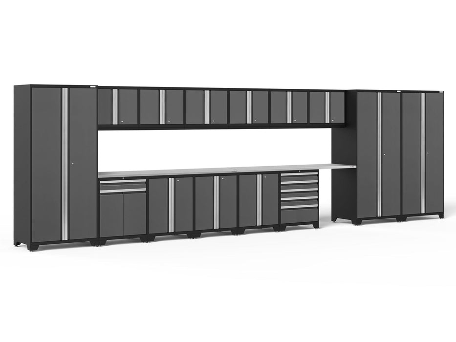 NewAge | Pro Series Gray 16 Piece Cabinet Set With Wall, Tool Drawer, Multi-Function Cabinet, Lockers and 168 in. Worktop