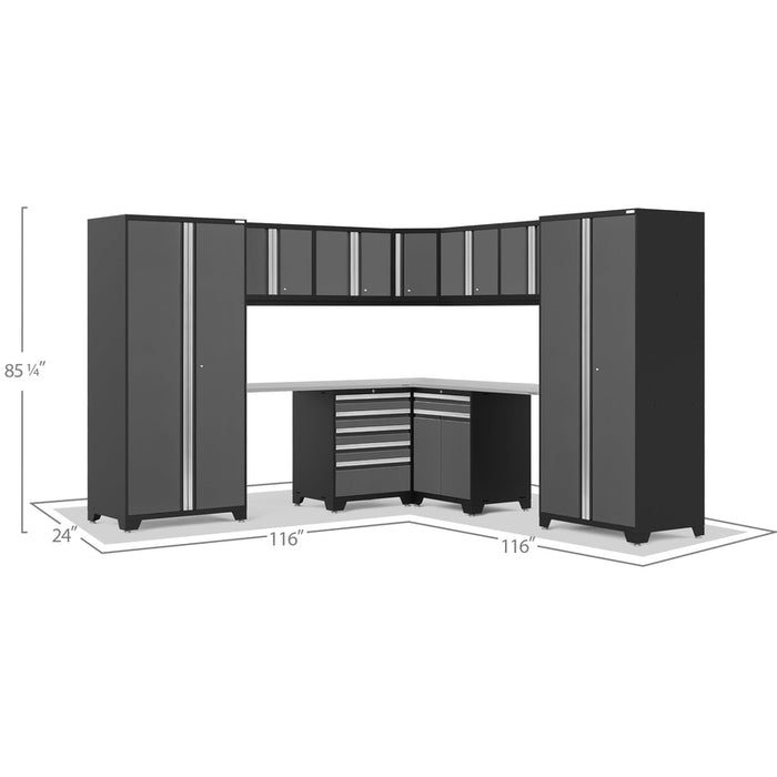 NewAge Pro Series Gray 12 Piece Cabinet Set With Wall, Tool Drawer, Multi-Function Cabinet, Lockers and 112 in. Worktop