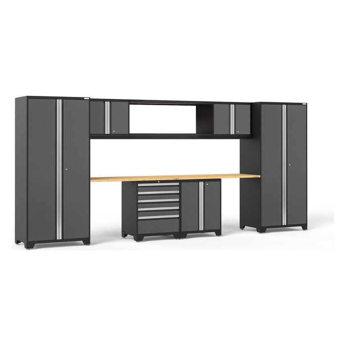 NewAge | Pro Series 9 Piece Cabinet Set With Wall, Base, Tool Drawer Cabinet, 56 in. Integrated Shelf and 112 in. Worktop