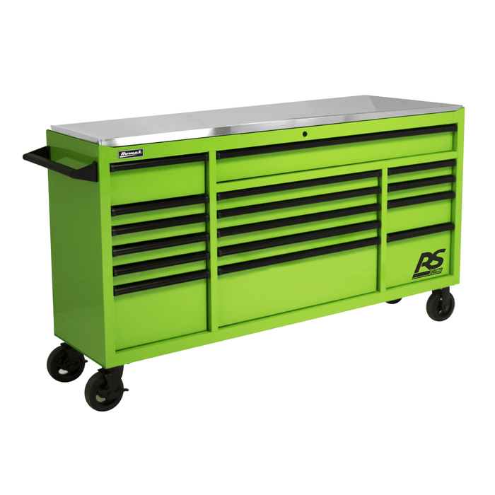 Yellow Green Homak 72” RS Pro Series 16 Drawer Roller Cabinet with Stainless Steel Top