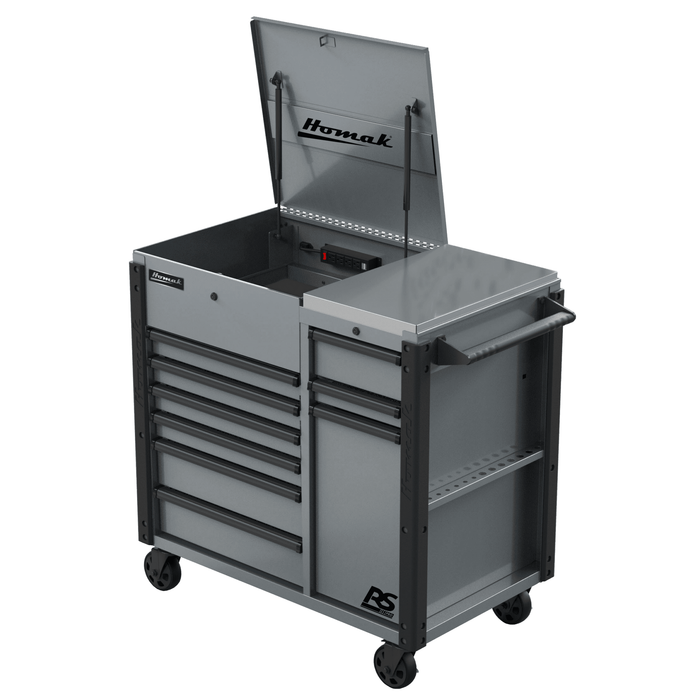 Dim Gray Homak 44” RS Pro Series 9 Drawer Flip Top Power Service Cart with Workstation