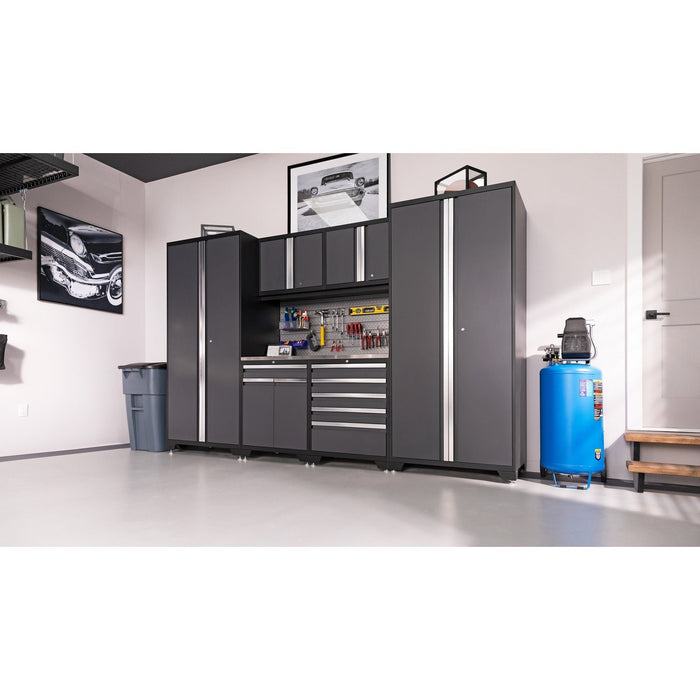 NewAge | Pro Series 9 Piece Cabinet Set With Wall, Base, Tool Drawer Cabinet, 56 in. Integrated Shelf and 112 in. Worktop