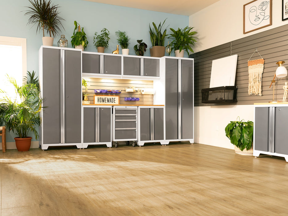 NewAge Bold Series 3 Piece Cabinet Set With Slatwall, Wall Cabinets and 72 in. Display Shelf