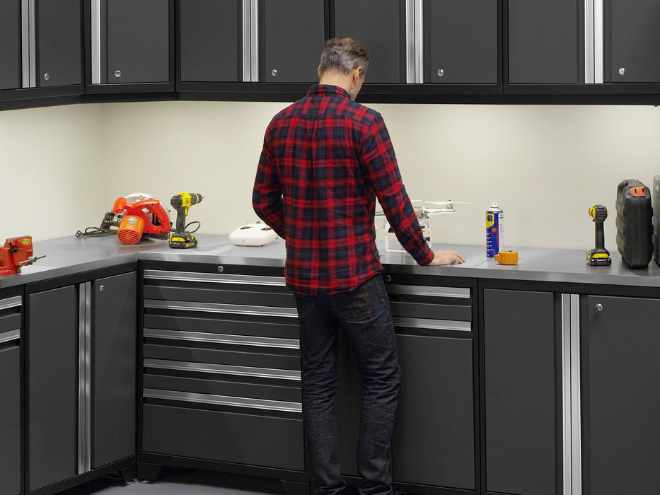 NewAge | Pro Series Gray 16 Piece Cabinet Set With Wall, Tool Drawer, Multi-Function Cabinet, Lockers and 168 in. Worktop