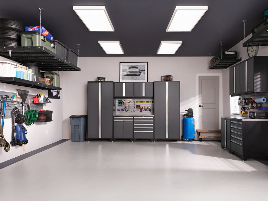 NewAge | Pro Series Gray 16 Piece Cabinet Set With Wall, Tool Drawer, Multi-Function Cabinet, Lockers and 168 in. Worktop