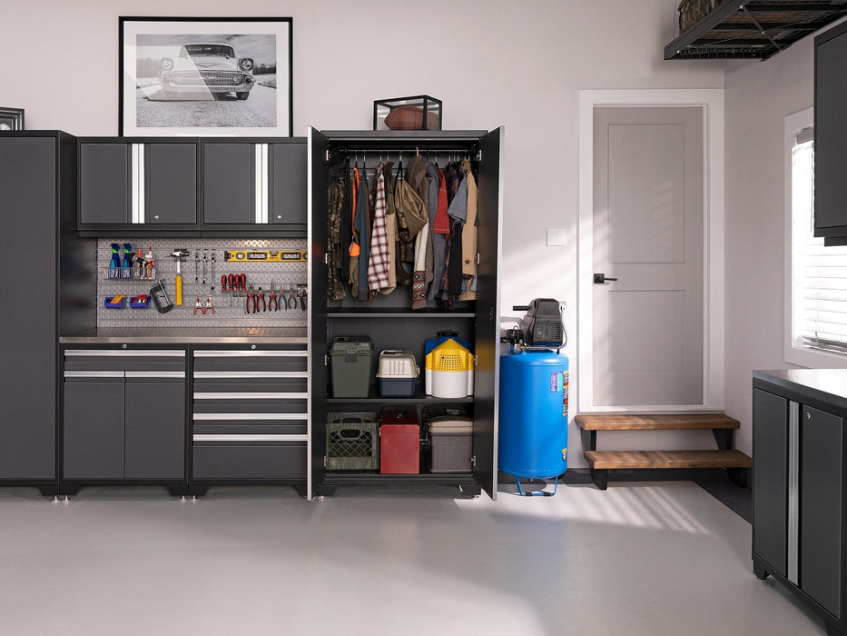 NewAge | Pro Series Gray 16 Piece Cabinet Set With Wall, Tool Drawer, Multi-Function Cabinet, Lockers and 168 in. Worktop