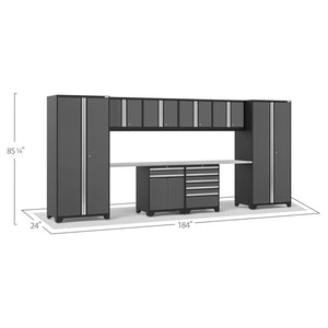 NewAge Pro Series Gray 10 Piece Cabinet Set With Wall, Tool Drawer, Multi-Function Cabinet, Lockers and 112 in. Worktop