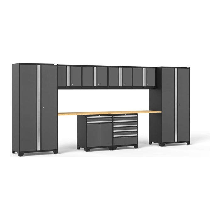 NewAge Pro Series Gray 10 Piece Cabinet Set With Wall, Tool Drawer, Multi-Function Cabinet, Lockers and 112 in. Worktop