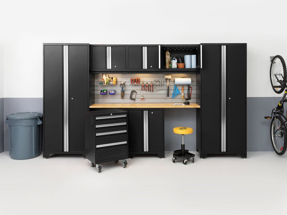 NewAge Bold Series 3 Piece Cabinet Set With Slatwall, Wall Cabinets and 72 in. Display Shelf