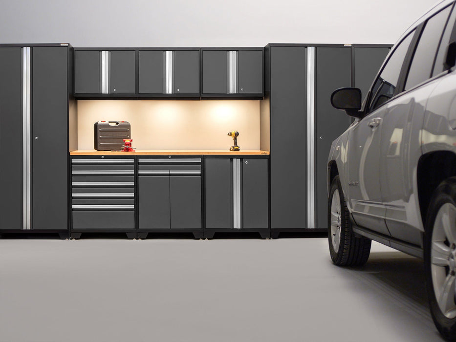 NewAge | Pro Series Gray 16 Piece Cabinet Set With Wall, Tool Drawer, Multi-Function Cabinet, Lockers and 168 in. Worktop